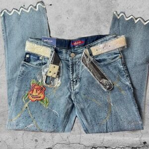 Deadstock Y2K Denim Capris Glitter Belt Embroidery Statement Beaded Low Rise